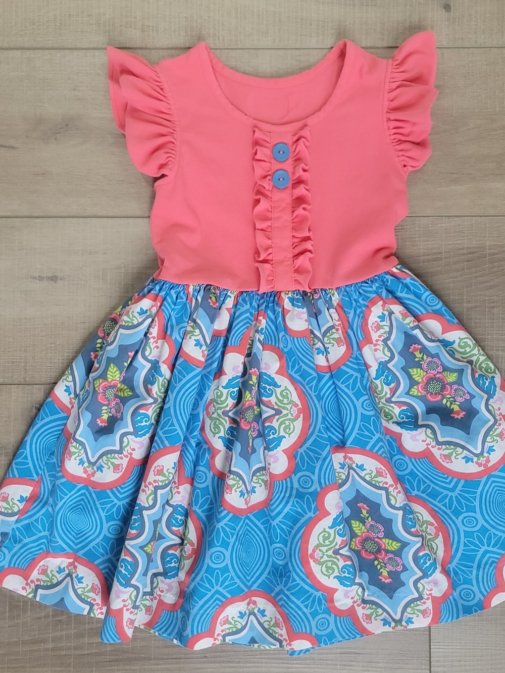 Eleanor Rose Rhonda Dress Coral Blue Floral Ruffle Flutter Sleeve Girls Size 6-7
